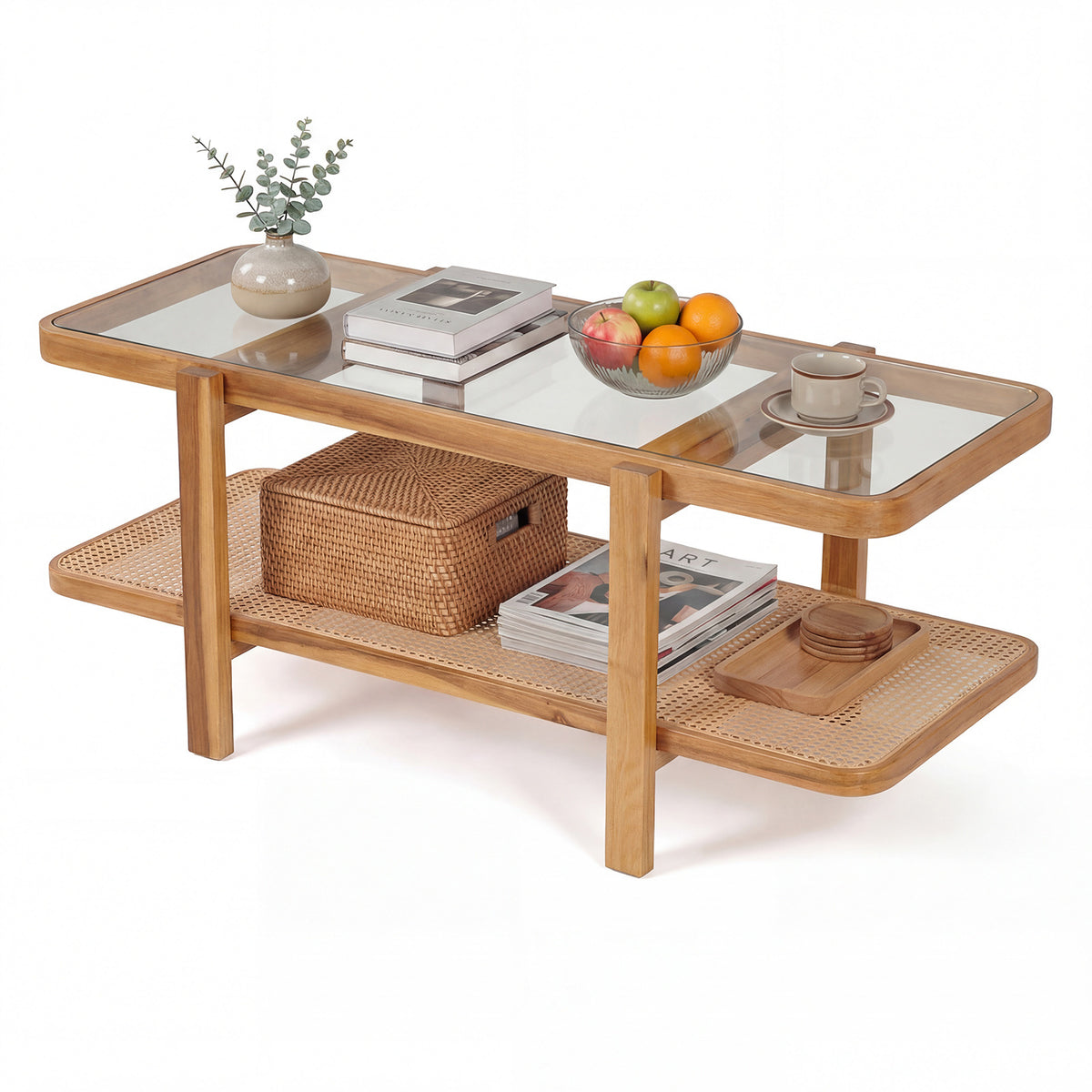 2-Tier Coffee Table with Storage Rectangular Center Table with Tempered Glass Top-Light Brown
