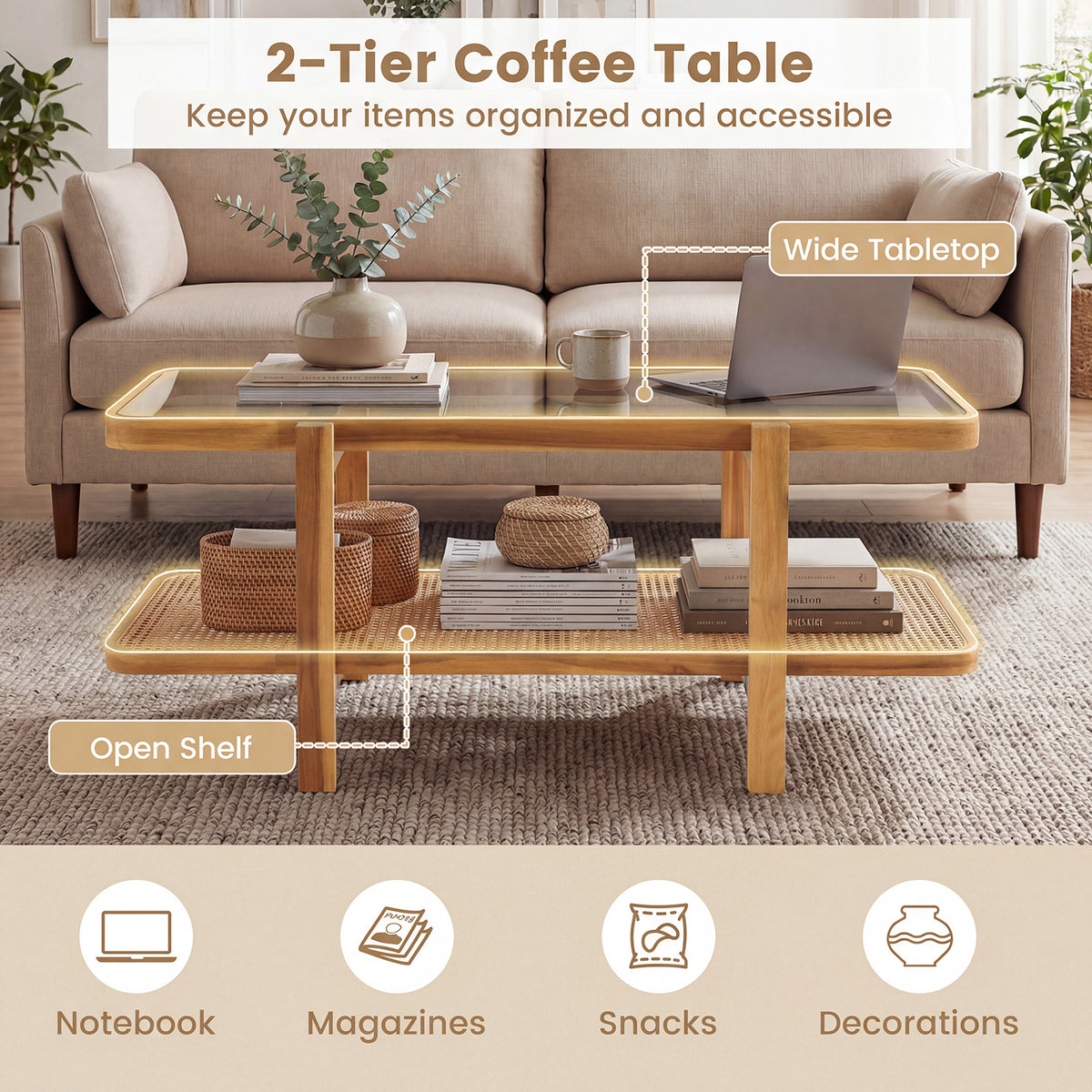 2-Tier Coffee Table with Storage Rectangular Center Table with Tempered Glass Top-Light Brown
