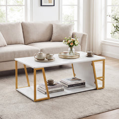 2-Tier Coffee Table with Storage Shelf and Open Compartment-White & Golden