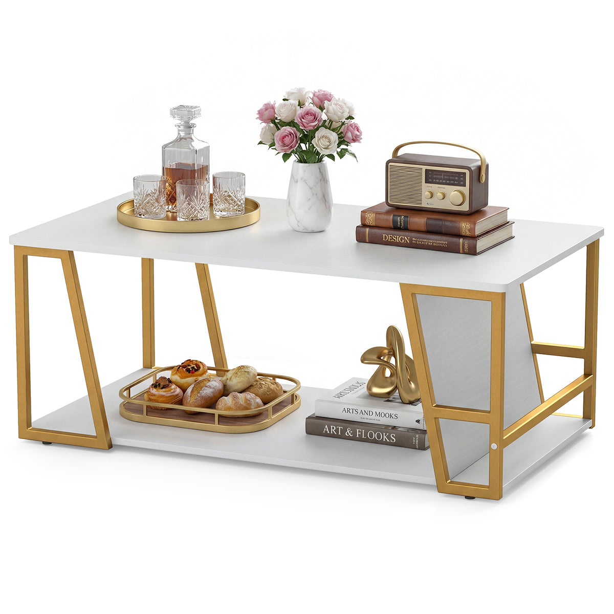 2-Tier Coffee Table with Storage Shelf and Open Compartment-White & Golden