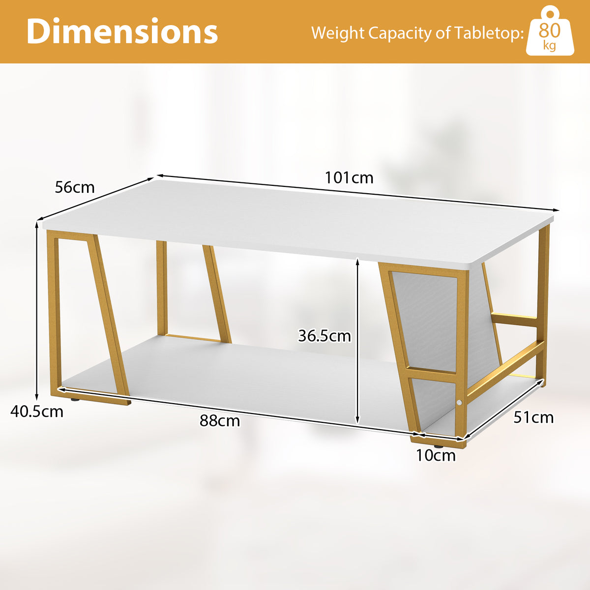 2-Tier Coffee Table with Storage Shelf and Open Compartment-White & Golden