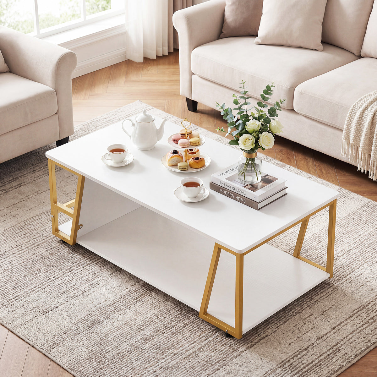 2-Tier Coffee Table with Storage Shelf and Open Compartment-White & Golden