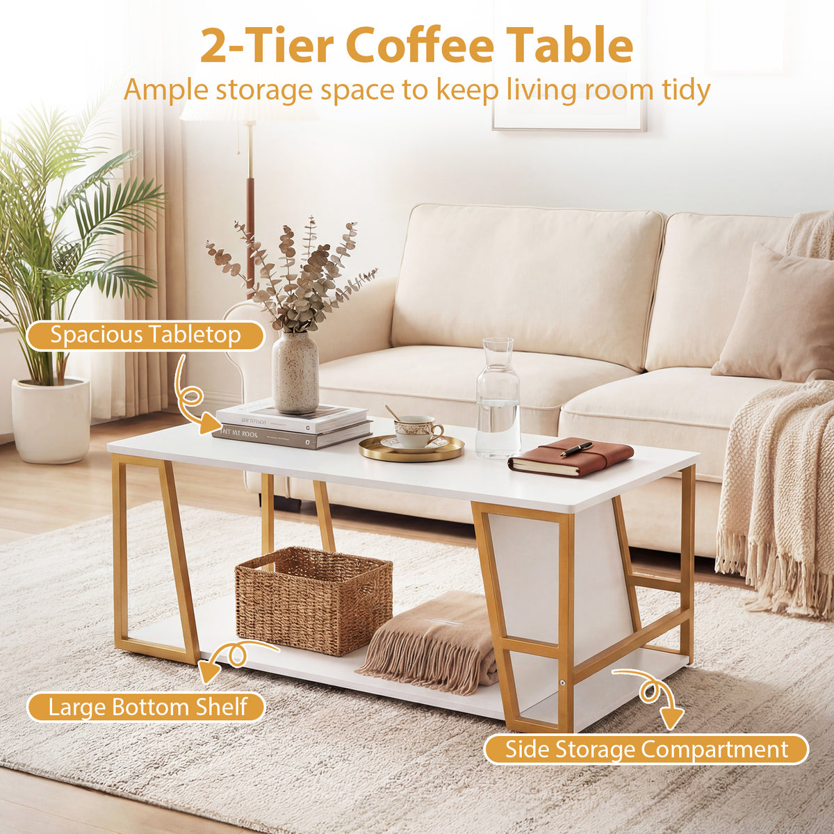2-Tier Coffee Table with Storage Shelf and Open Compartment-White & Golden