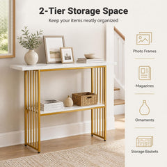 2-Tier Console Table with Faux Marble Shelves and Solid Metal Structure-White and Golden