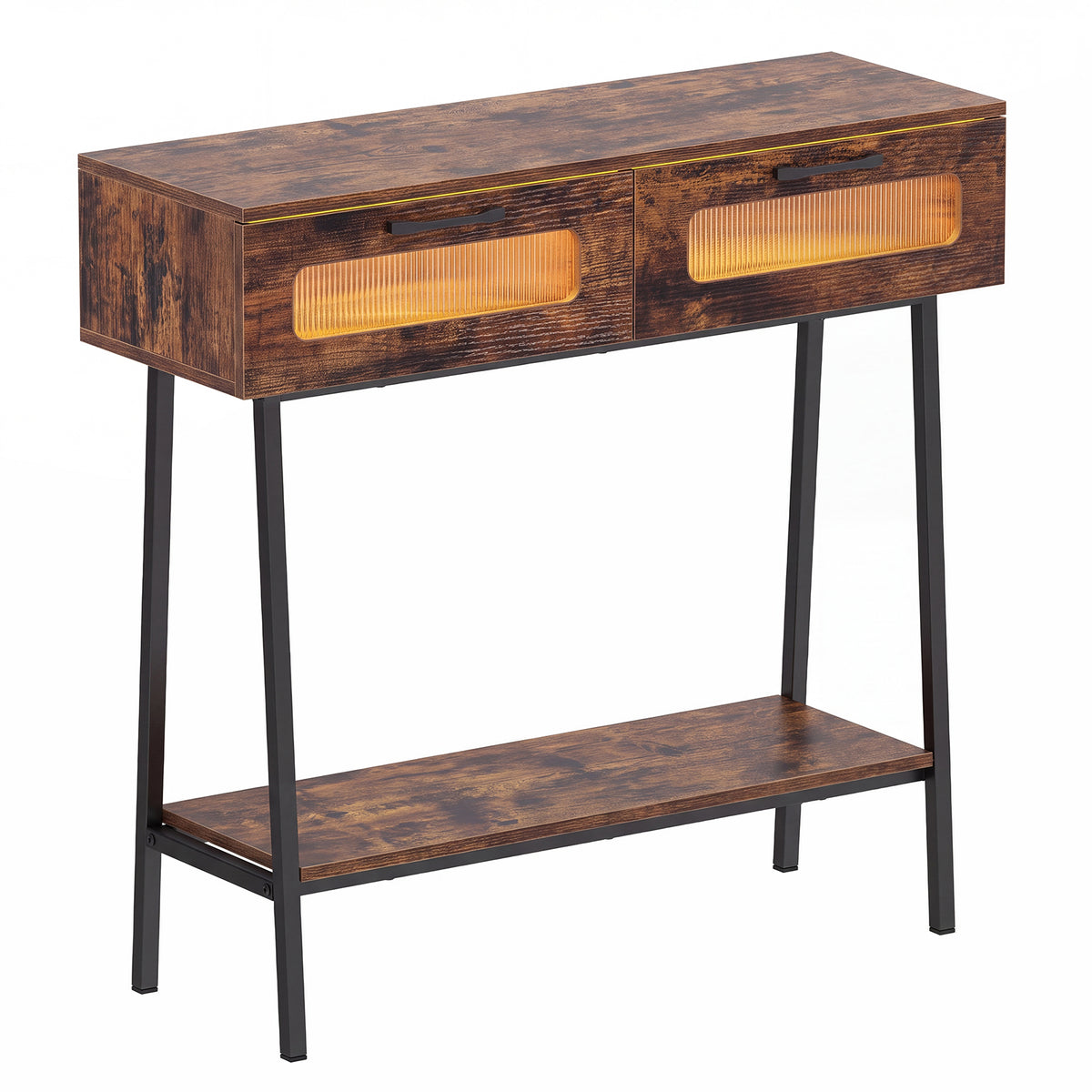 2-Tier Farmhouse Console Table with Colorful LED Lights and Open Shelf-Coffee