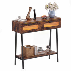 2-Tier Farmhouse Console Table with Colorful LED Lights and Open Shelf-Coffee