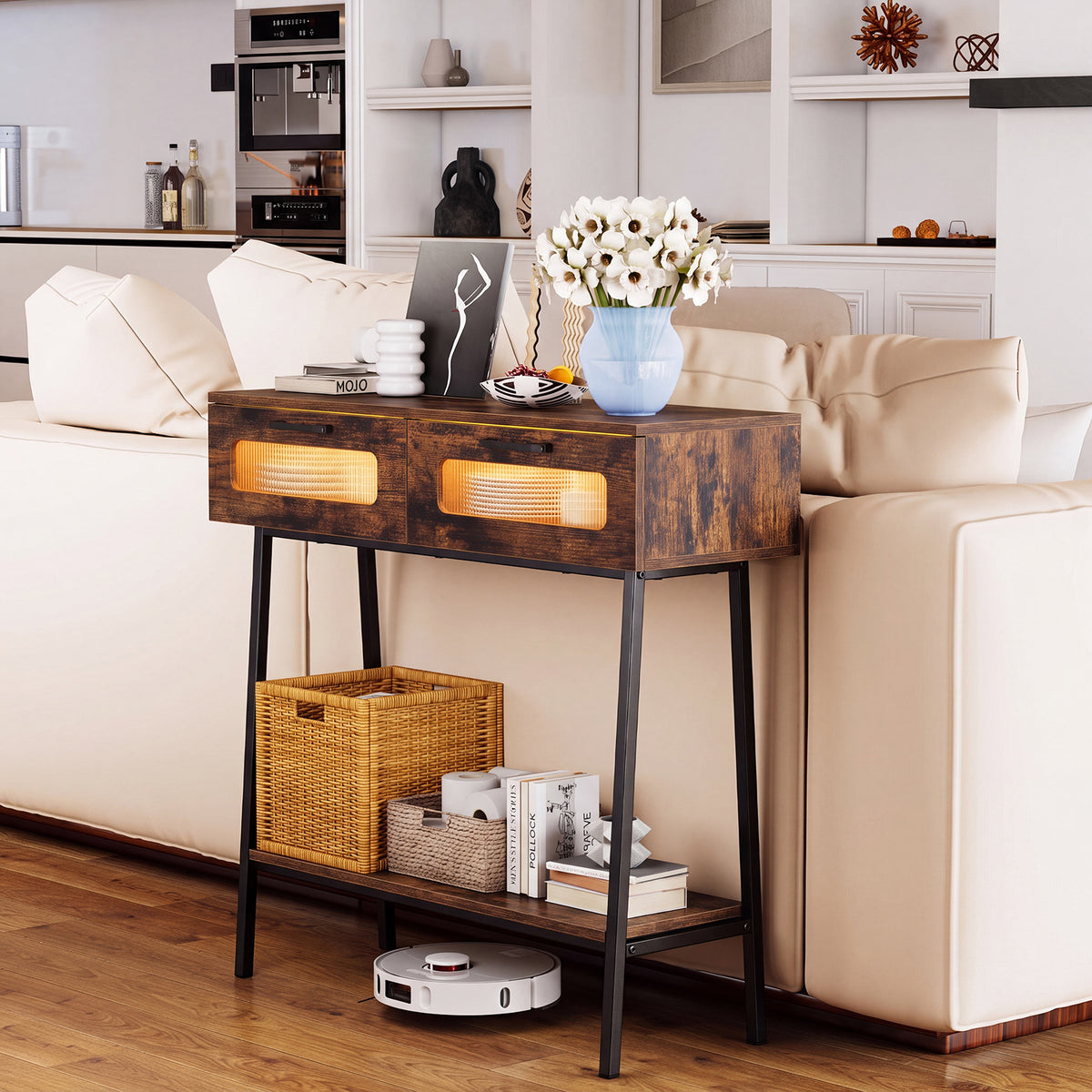 2-Tier Farmhouse Console Table with Colorful LED Lights and Open Shelf-Coffee