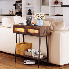 2-Tier Farmhouse Console Table with Colorful LED Lights and Open Shelf-Coffee
