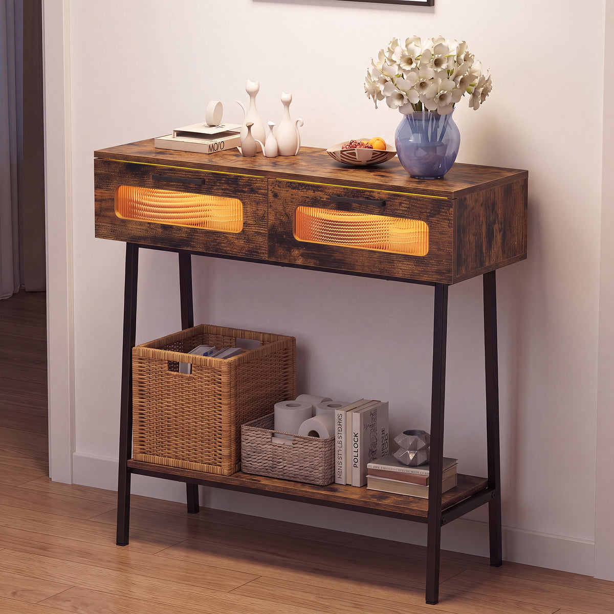 2-Tier Farmhouse Console Table with Colorful LED Lights and Open Shelf-Coffee