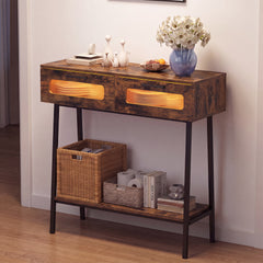 2-Tier Farmhouse Console Table with Colorful LED Lights and Open Shelf-Coffee