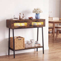 2-Tier Farmhouse Console Table with Colorful LED Lights and Open Shelf-Coffee