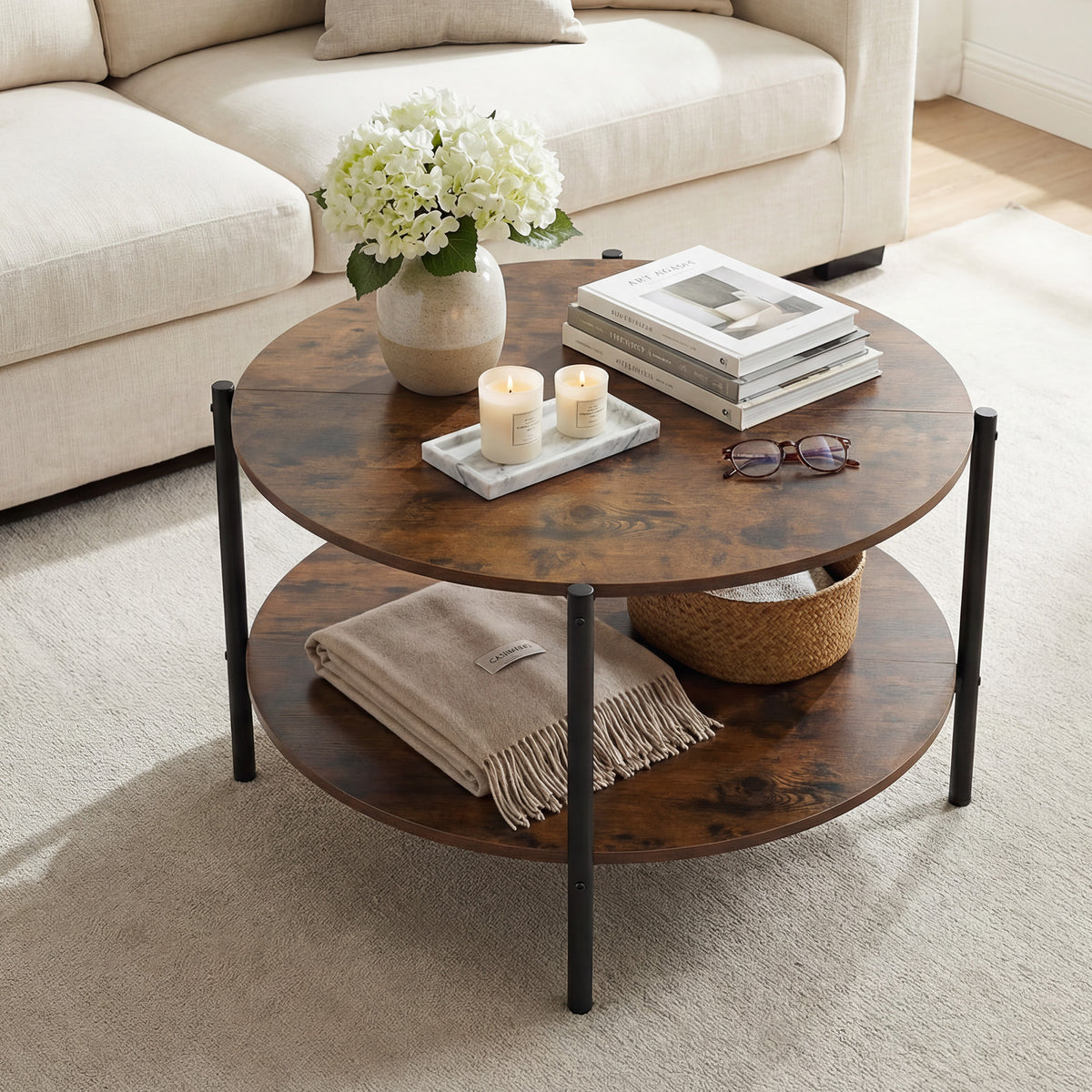 2-Tier Industrial Round Coffee Table with Open Storage Shelf-Rusitc Brown