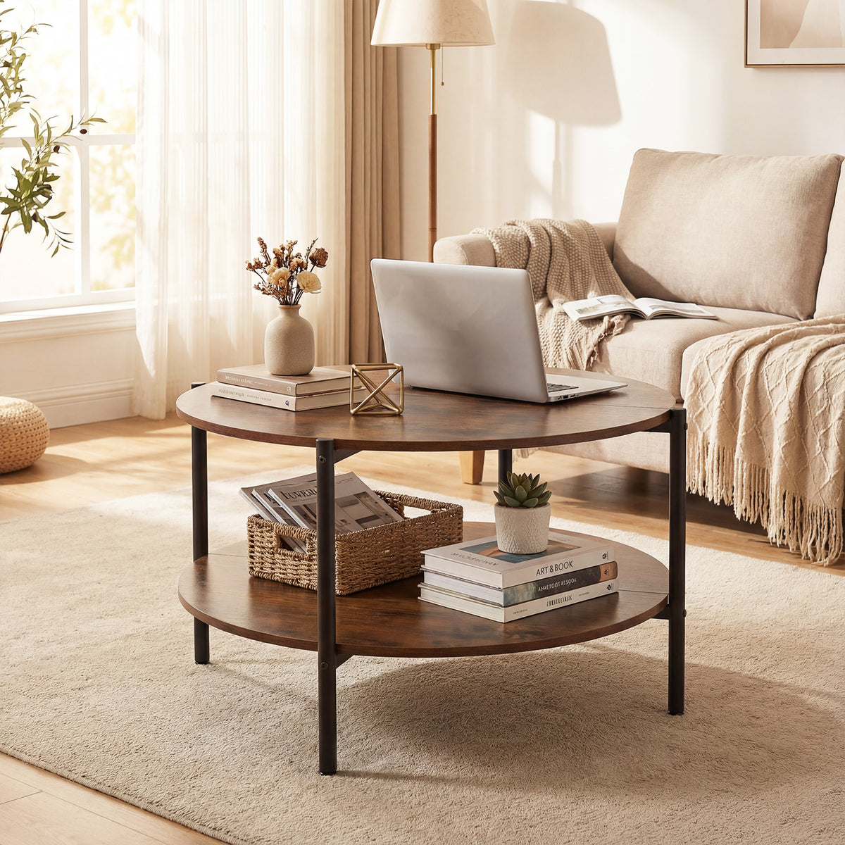 2-Tier Industrial Round Coffee Table with Open Storage Shelf-Rusitc Brown