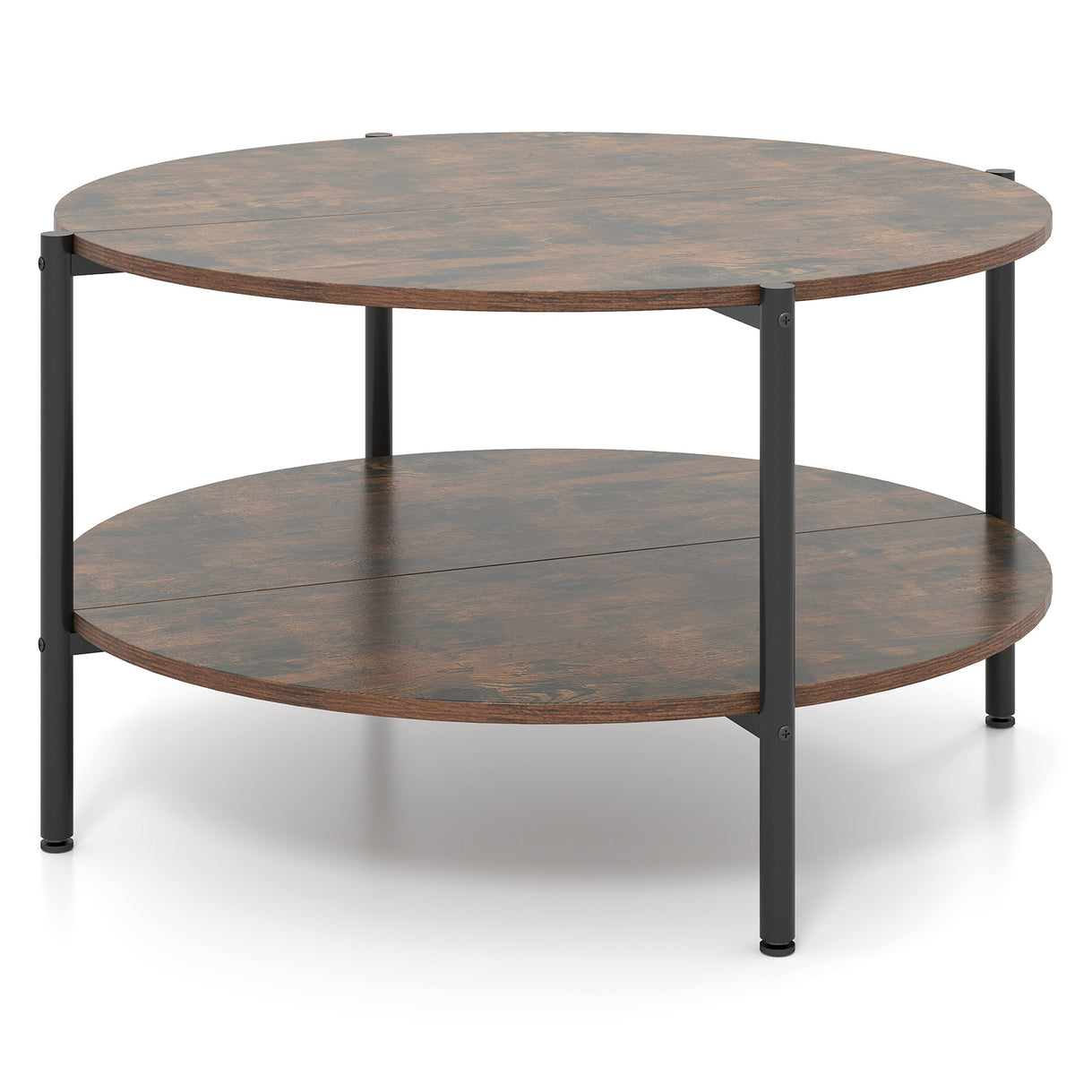 2-Tier Industrial Round Coffee Table with Open Storage Shelf-Rusitc Brown