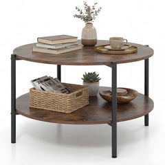 2-Tier Industrial Round Coffee Table with Open Storage Shelf-Rusitc Brown