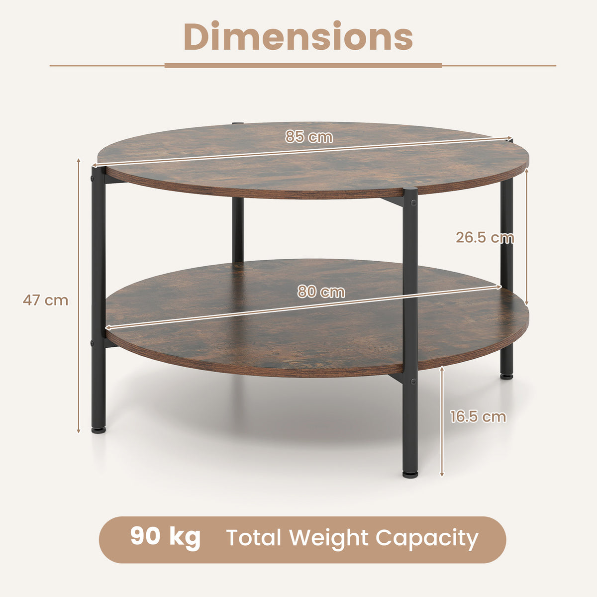 2-Tier Industrial Round Coffee Table with Open Storage Shelf-Rusitc Brown
