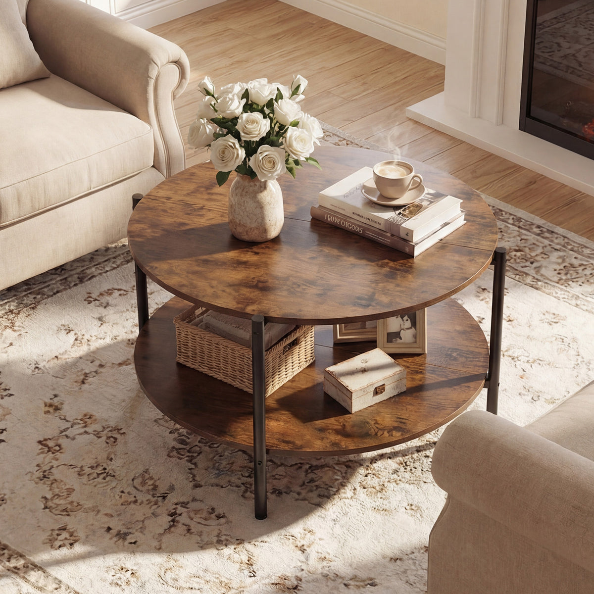 2-Tier Industrial Round Coffee Table with Open Storage Shelf-Rusitc Brown