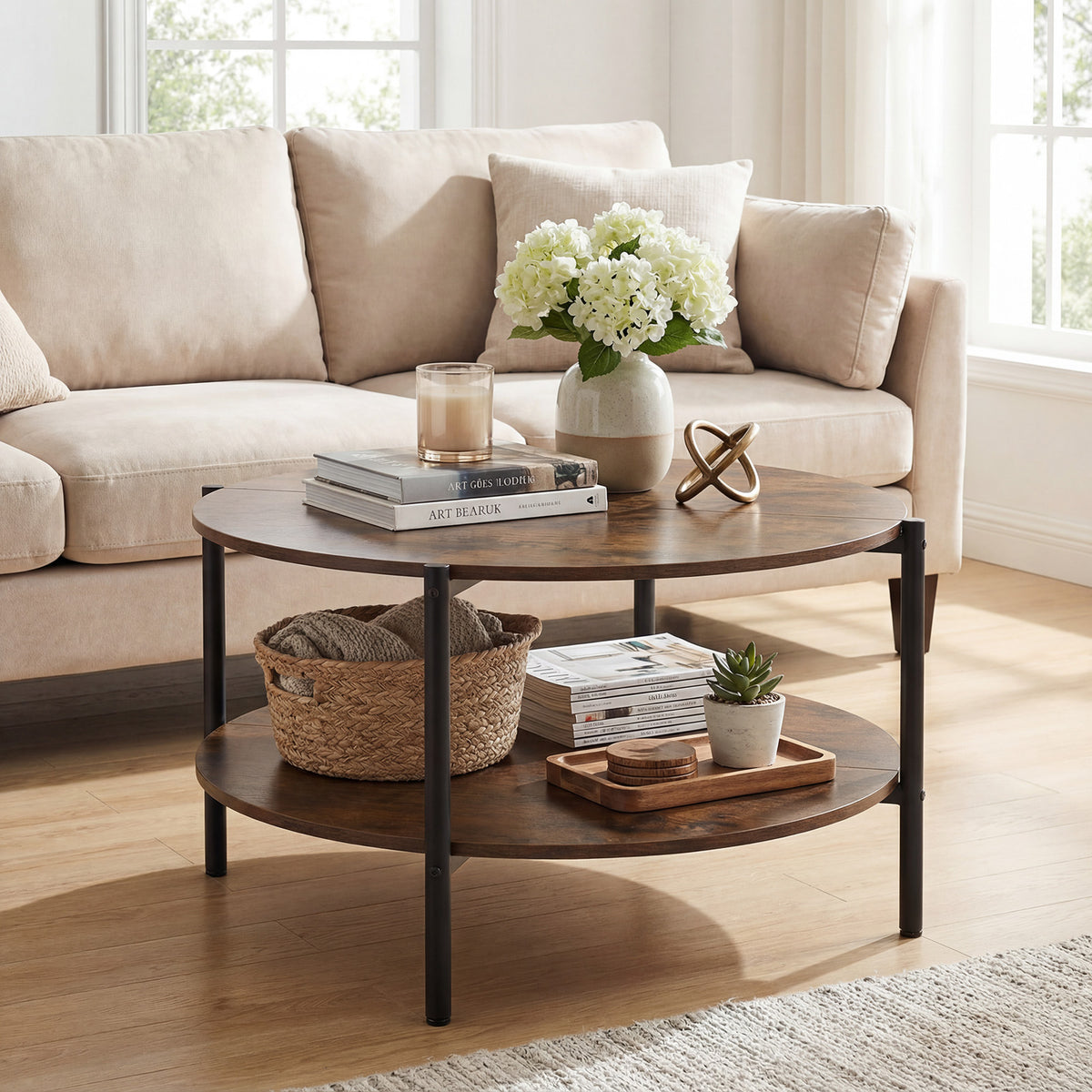 2-Tier Industrial Round Coffee Table with Open Storage Shelf-Rusitc Brown
