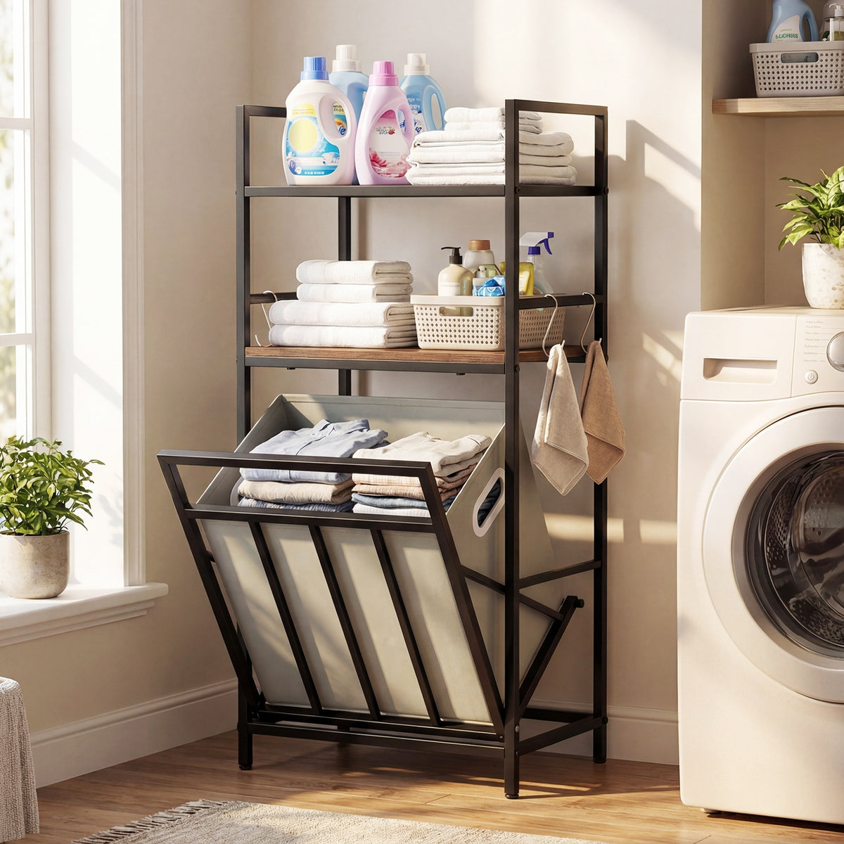 2-Tier Laundry Hamper with Tilt-out Basket & Removable Bag for Bathroom-Rustic Brown
