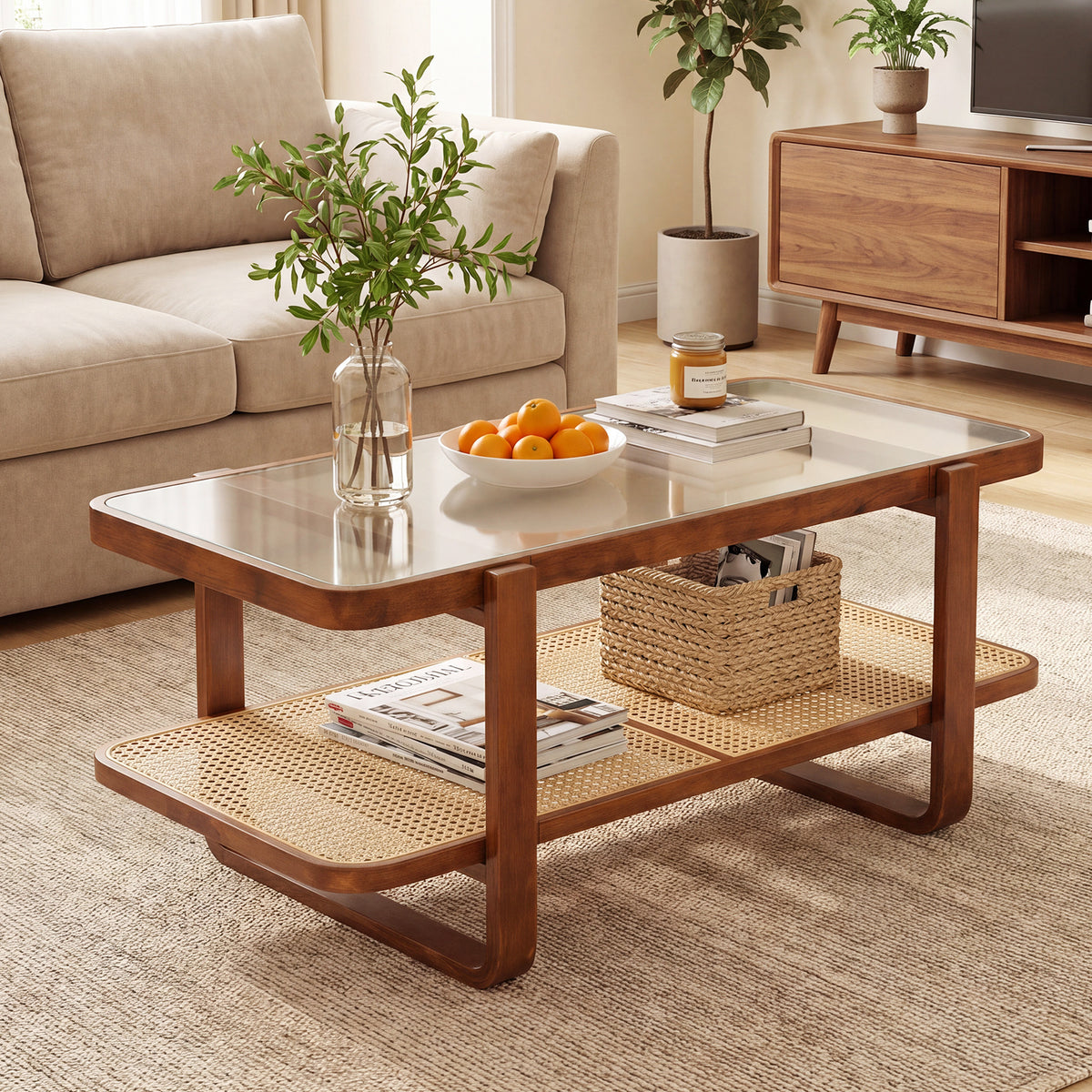 2-Tier Rectangular Center Table with Frosted Tempered Glass Top and Storage Shelf-Walnut