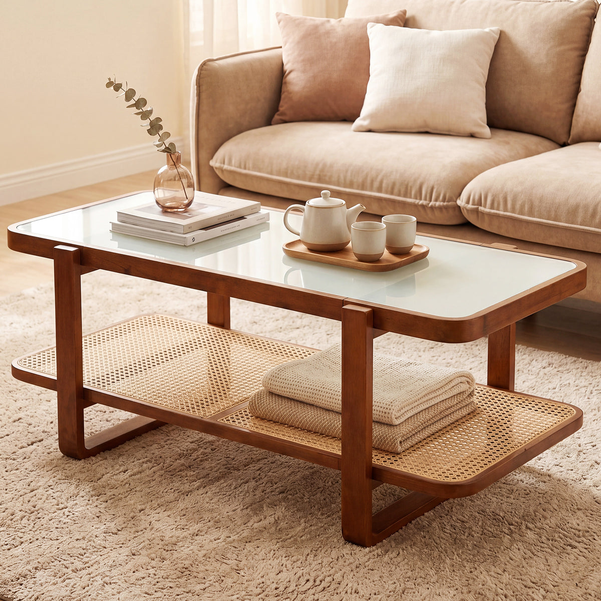 2-Tier Rectangular Center Table with Frosted Tempered Glass Top and Storage Shelf-Walnut