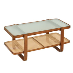 2-Tier Rectangular Center Table with Frosted Tempered Glass Top and Storage Shelf-Walnut