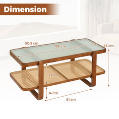 2-Tier Rectangular Center Table with Frosted Tempered Glass Top and Storage Shelf-Walnut