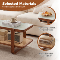 2-Tier Rectangular Center Table with Frosted Tempered Glass Top and Storage Shelf-Walnut