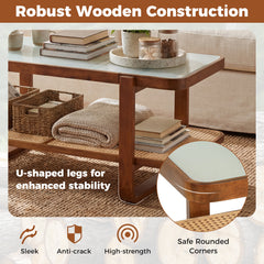 2-Tier Rectangular Center Table with Frosted Tempered Glass Top and Storage Shelf-Walnut