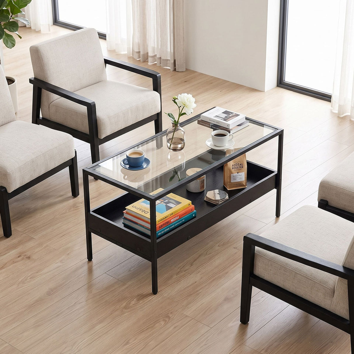 2-Tier Rectangular Glass Coffee Table in Black, image 7