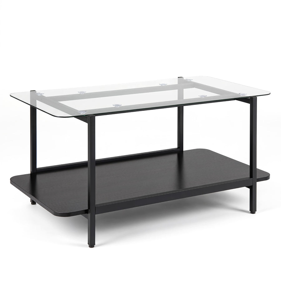 2-Tier Rectangular Tempered Glass Coffee Table with Storage Shelf-Black