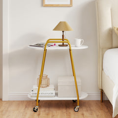 2-Tier Rolling End Table with Faux Marble Surfaces Modern Mobile Side Table-White