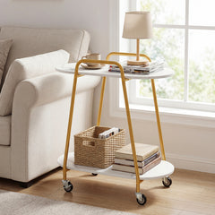 2-Tier Rolling End Table with Faux Marble Surfaces Modern Mobile Side Table-White