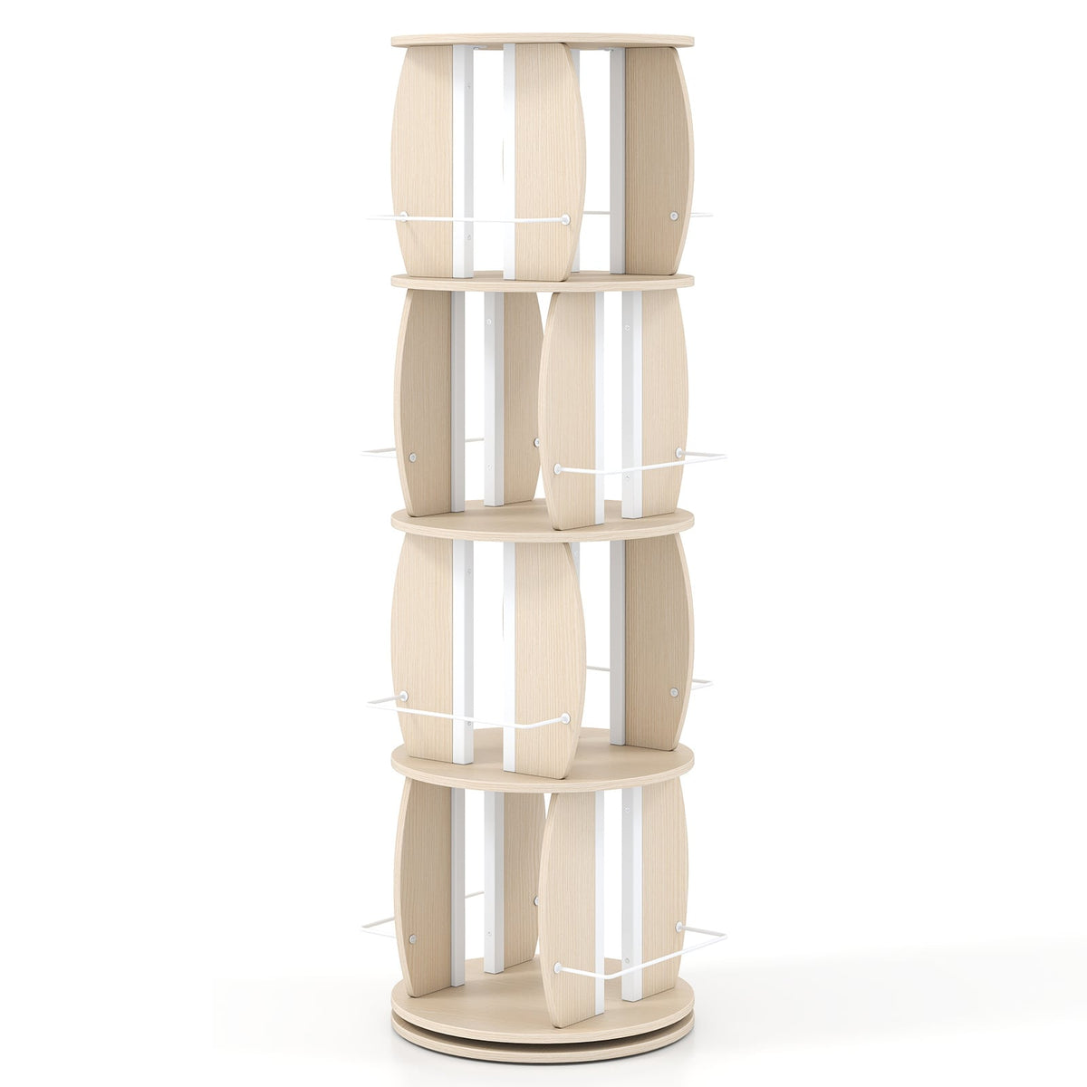 2-Tier Rotating Bookshelf Space-Saving with 4 Safety Guard Rails and Metal Storage Stand-Natural