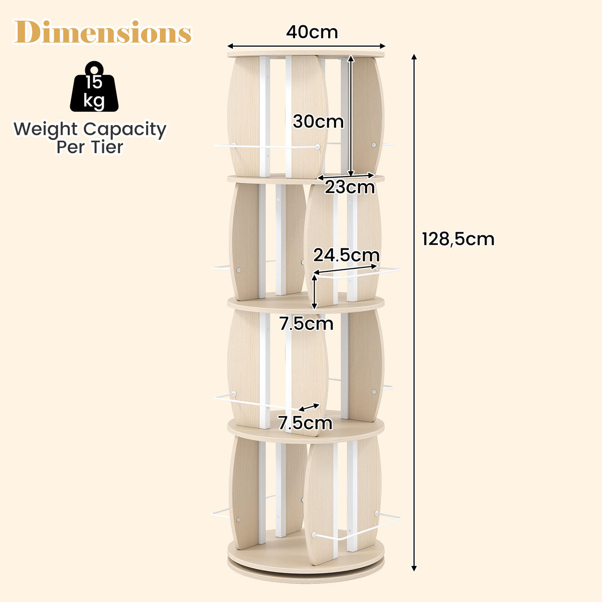 2-Tier Rotating Bookshelf Space-Saving with 4 Safety Guard Rails and Metal Storage Stand-Natural