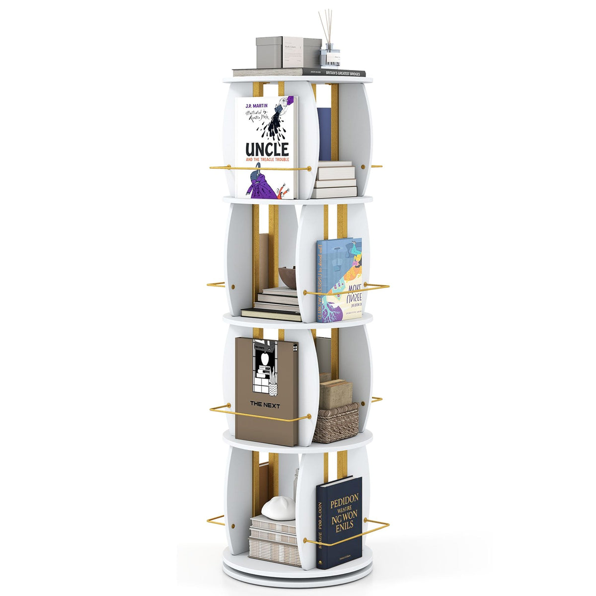2-Tier Rotating Bookshelf Space-Saving with 4 Safety Guard Rails and Metal Storage Stand-White