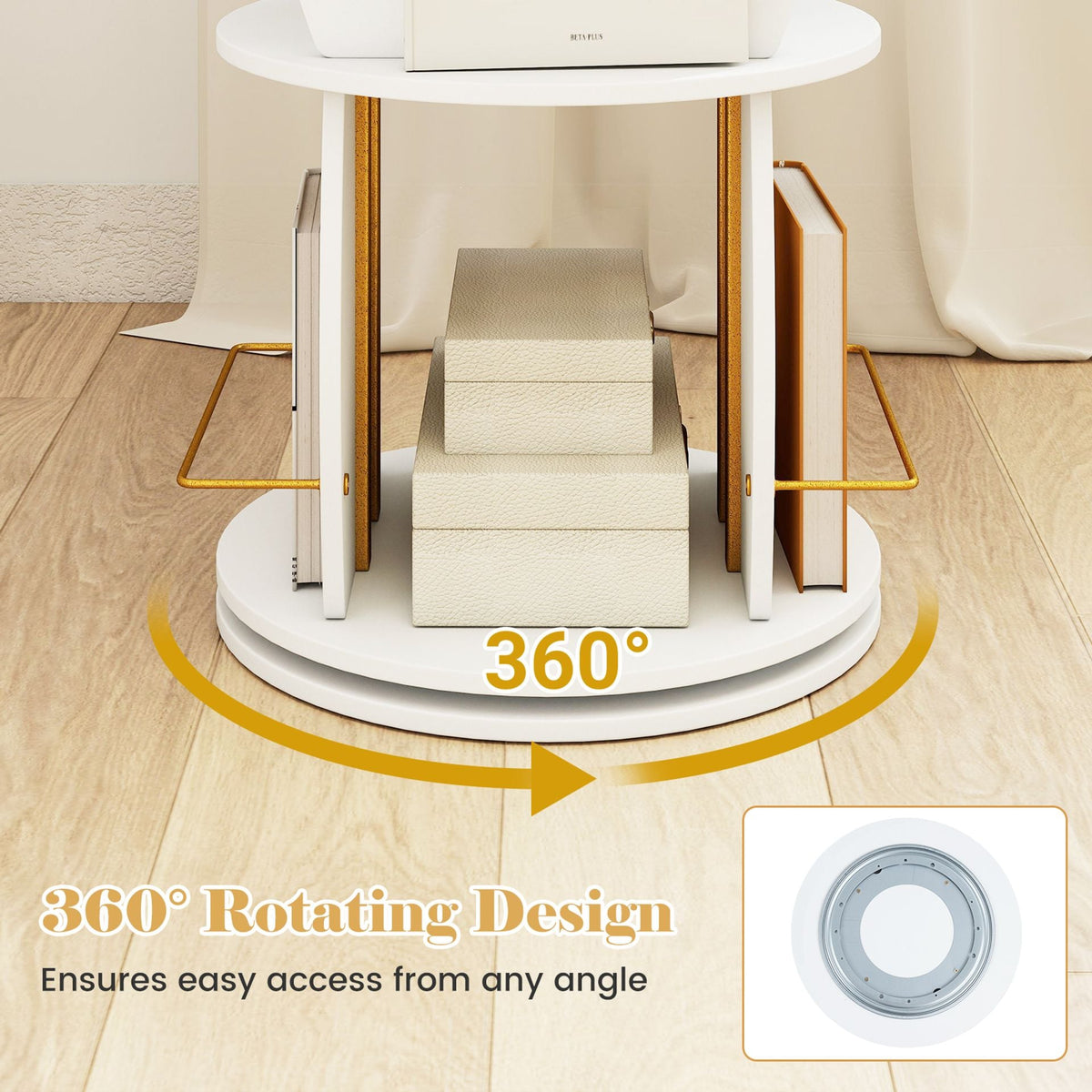 2-Tier Rotating Bookshelf Space-Saving with 4 Safety Guard Rails and Metal Storage Stand-White