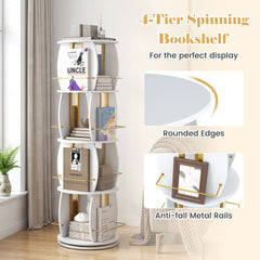 2-Tier Rotating Bookshelf Space-Saving with 4 Safety Guard Rails and Metal Storage Stand-White