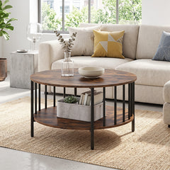 2-Tier Round Coffee Table with Open Shelf & Metal Frame for Living Room Small Spaces-Rustic Brown