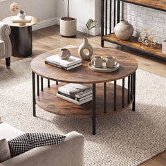 2-Tier Round Coffee Table with Open Shelf & Metal Frame for Living Room Small Spaces-Rustic Brown