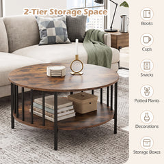 2-Tier Round Coffee Table with Open Shelf & Metal Frame for Living Room Small Spaces-Rustic Brown