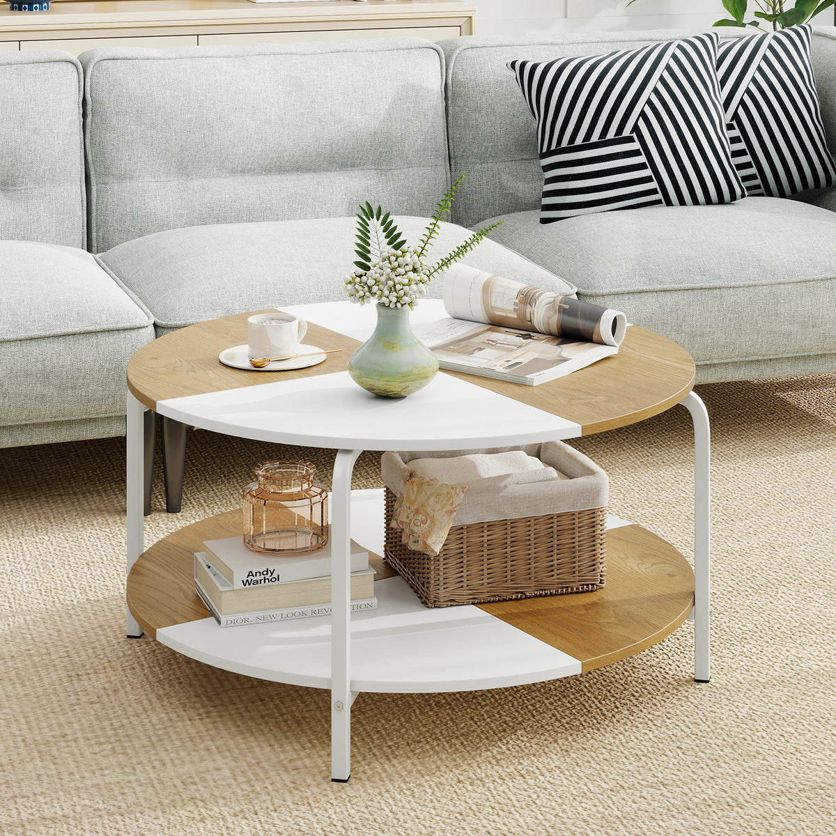 2-Tier Round Coffee Table with Open Storage Shelf-White