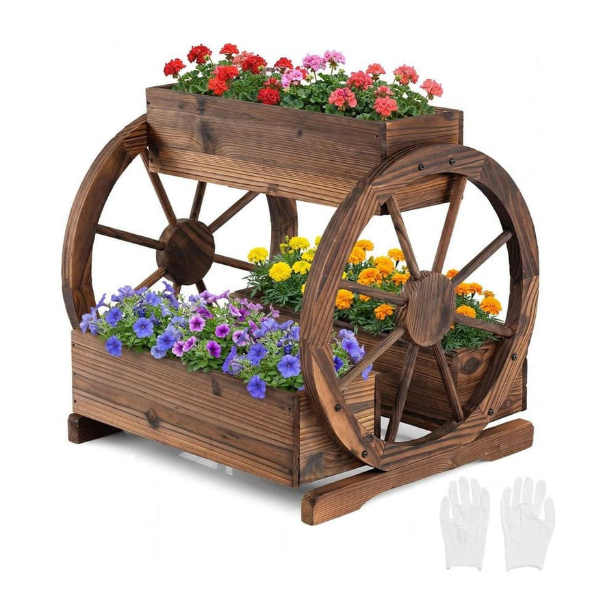 2-Tier Rustic Wood Wagon Planter with 3 Growing Boxes and Drainage Holes-Coffee