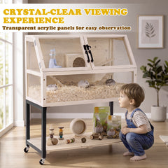 2-Tier Small Animal Habitat with Acrylic Windows Lockable Casters and Storage Shelf-Natrual