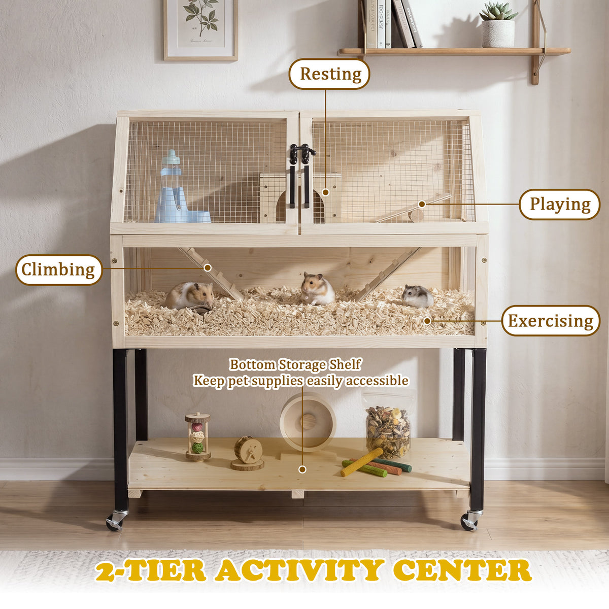 2-Tier Small Animal Habitat with Acrylic Windows Lockable Casters and Storage Shelf-Natrual
