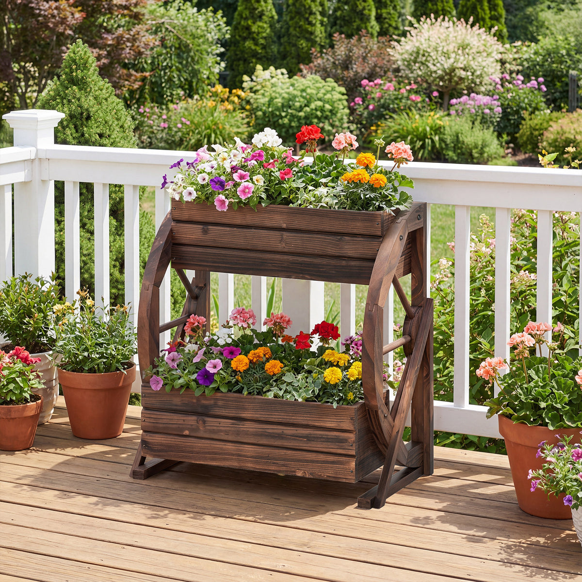 2-Tier Wood Wagon Planter Box with Drainage Holes for Flowers-Coffee
