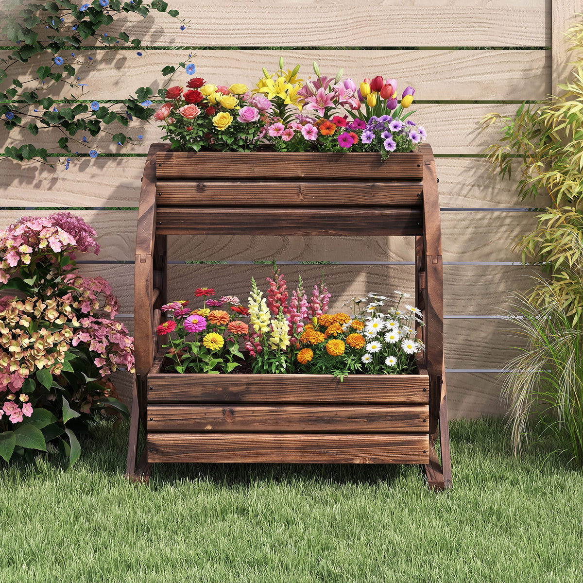 2-Tier Wood Wagon Planter Box with Drainage Holes for Flowers-Coffee