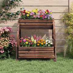 2-Tier Wood Wagon Planter Box with Drainage Holes for Flowers-Coffee