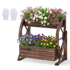 2-Tier Wood Wagon Planter Box with Drainage Holes for Flowers-Coffee