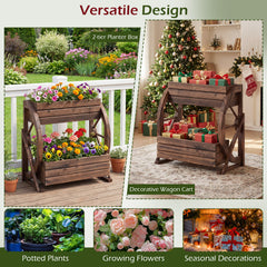2-Tier Wood Wagon Planter Box with Drainage Holes for Flowers-Coffee
